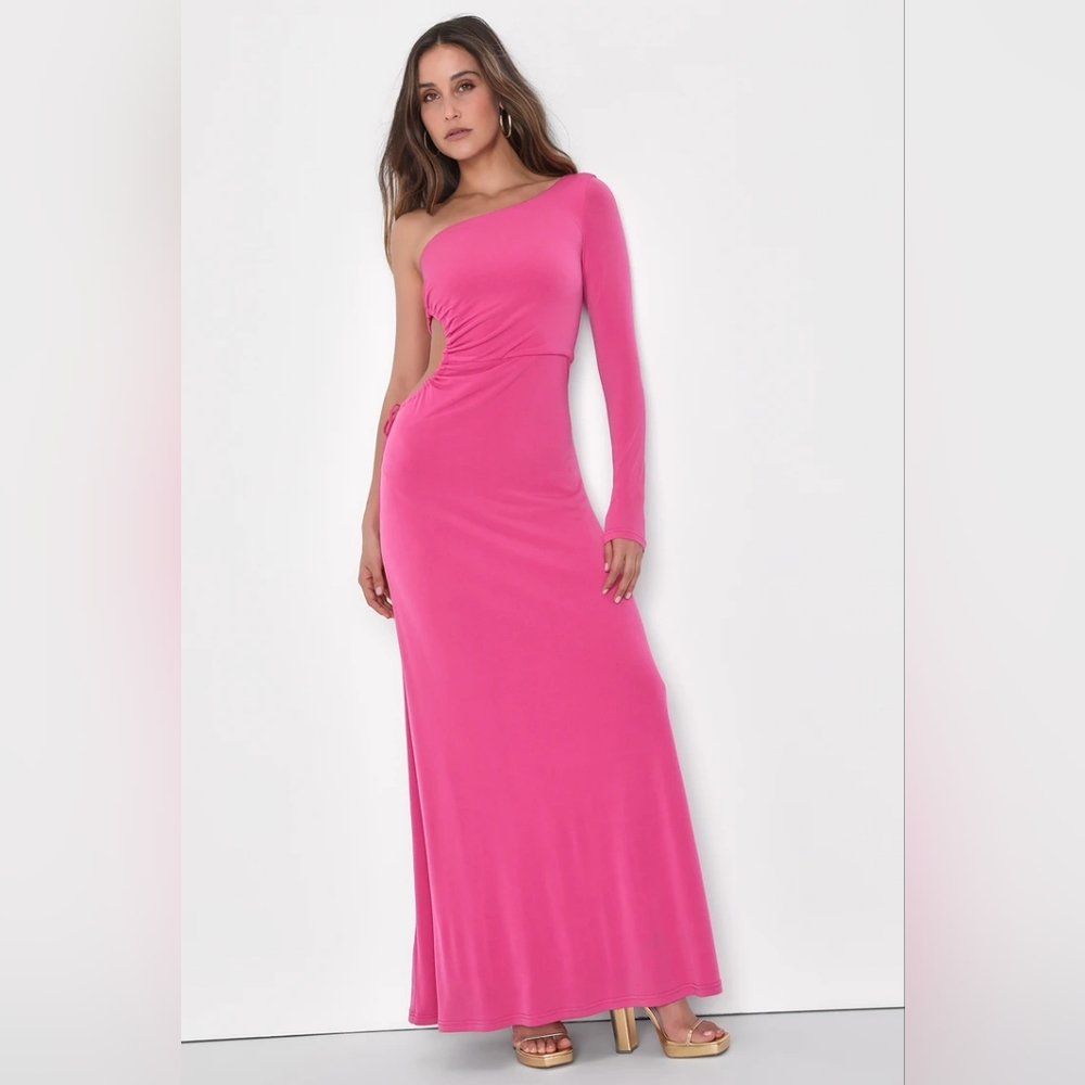 Sweet Flirt Pink Long Sleeve One-Shoulder Cutout Maxi Dress
